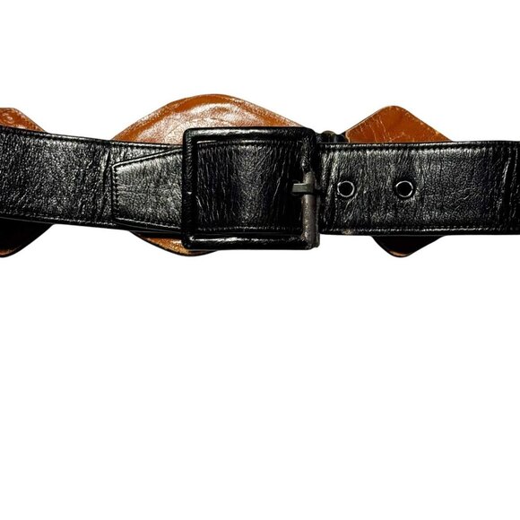 Womens Vintage 1980s Black Leather wide Statement Belt Gold Medallion Size XS - Picture 8 of 12